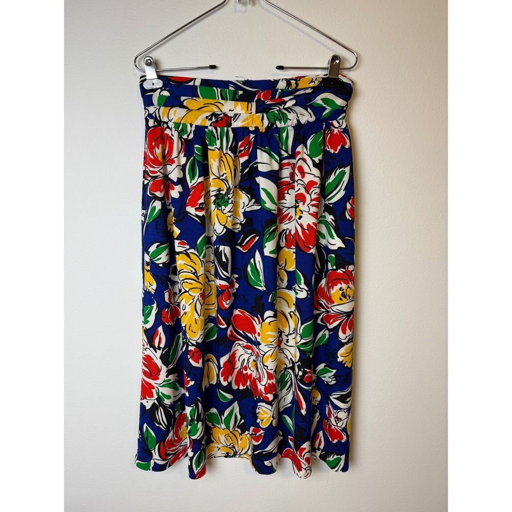 Vintage JCPenney Fashions Floral Midi‎ Skirt Blue Red Yellow Rayon Size 14 USA